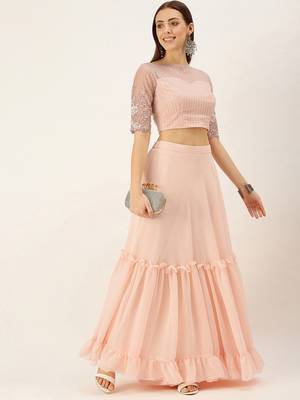EthnoVogue Made To Measure Pink N Peach Embroidered Crop Top N Skirt 2
