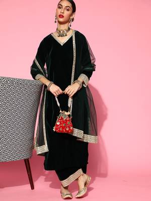 Indo Era Green Solid Straight Kurta Palazzo With Dupatta Set 2