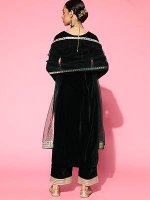 Indo Era Green Solid Straight Kurta Palazzo With Dupatta Set 3