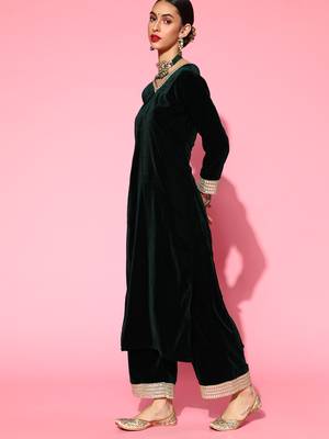 Indo Era Green Solid Straight Kurta Palazzo With Dupatta Set 4
