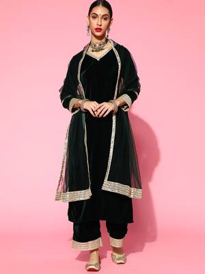 Indo Era Green Solid Straight Kurta Palazzo With Dupatta Set 1