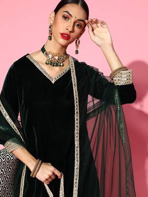 Indo Era Green Solid Straight Kurta Palazzo With Dupatta Set 5