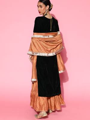 Indo Era Green Velvet Embroidered Straight Kurta Sharara With Dupatta Set 2