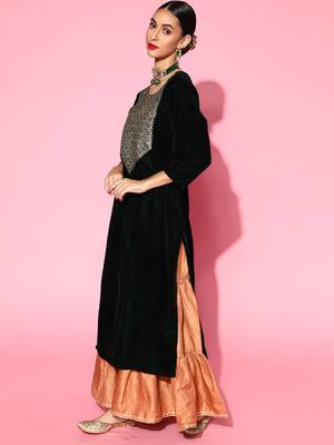Indo Era Green Velvet Embroidered Straight Kurta Sharara With Dupatta Set 3