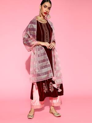 Indo Era Maroon Velvet Embroidered Straight Kurta Palazzo With Dupatta Set 1