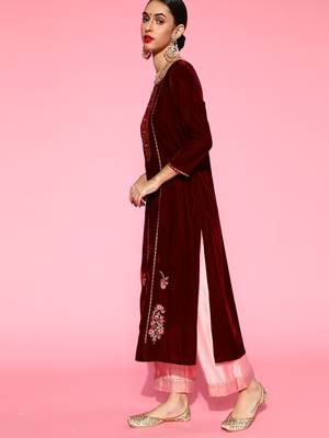 Indo Era Maroon Velvet Embroidered Straight Kurta Palazzo With Dupatta Set 3