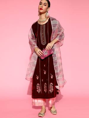 Indo Era Maroon Velvet Embroidered Straight Kurta Palazzo With Dupatta Set 4