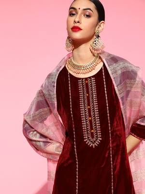 Indo Era Maroon Velvet Embroidered Straight Kurta Palazzo With Dupatta Set 5