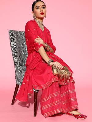 Indo Era Pink Solid A-line Kurta Sharara With Dupatta Set 1