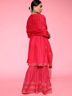 Indo Era Pink Solid A-line Kurta Sharara With Dupatta Set 2