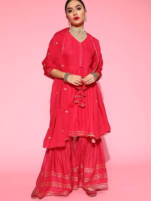 Indo Era Pink Solid A-line Kurta Sharara With Dupatta Set 3