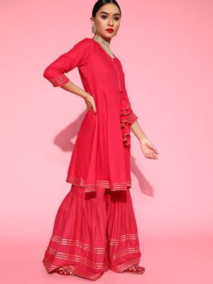 Indo Era Pink Solid A-line Kurta Sharara With Dupatta Set 4