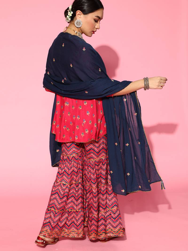 Indo Era Pink Printed A-Line Kurta Trousers With Dupatta Set