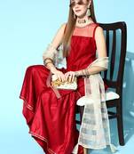 Indo Era Red Solid Straight Kurta Sharara With Dupatta Set
