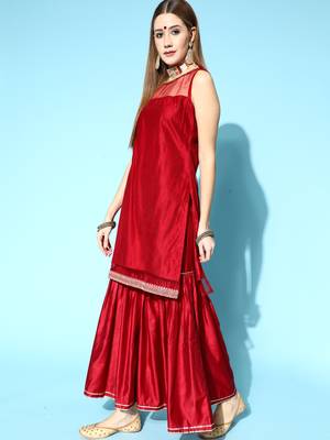 Indo Era Red Solid Straight Kurta Sharara With Dupatta Set 3