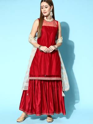Indo Era Red Solid Straight Kurta Sharara With Dupatta Set 4