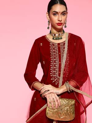Indo Era Red Velvet Embroidered Straight Kurta Palazzo With Dupatta Set 2