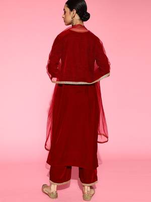 Indo Era Red Velvet Embroidered Straight Kurta Palazzo With Dupatta Set 3