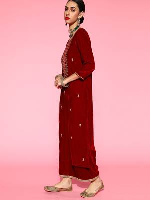 Indo Era Red Velvet Embroidered Straight Kurta Palazzo With Dupatta Set 4
