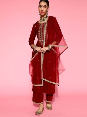 Indo Era Red Velvet Embroidered Straight Kurta Palazzo With Dupatta Set 5