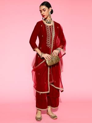 Indo Era Red Velvet Embroidered Straight Kurta Palazzo With Dupatta Set 1