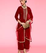 Indo Era Red Velvet Embroidered Straight Kurta Palazzo With Dupatta Set