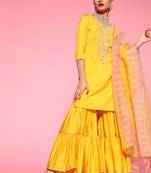 Indo Era Yellow Embroidered Straight Kurta Sharara With Dupatta Set