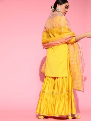 Indo Era Yellow Embroidered Straight Kurta Sharara With Dupatta Set 2