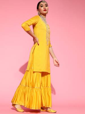 Indo Era Yellow Embroidered Straight Kurta Sharara With Dupatta Set 3