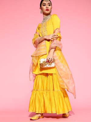 Indo Era Yellow Embroidered Straight Kurta Sharara With Dupatta Set 4