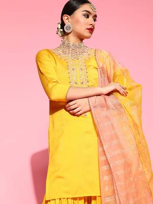 Indo Era Yellow Embroidered Straight Kurta Sharara With Dupatta Set 5