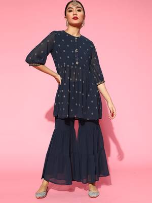 Indo Era Grey Printed A-line Kurta With Sharara Set 1