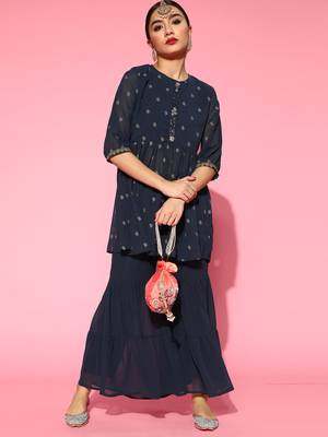 Indo Era Grey Printed A-line Kurta With Sharara Set 4