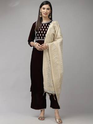 Indo Era Maroon Embroidered Straight Kurta Palazzo With Dupatta Set 1