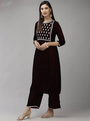 Indo Era Maroon Embroidered Straight Kurta Palazzo With Dupatta Set 3