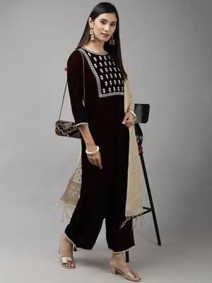 Indo Era Maroon Embroidered Straight Kurta Palazzo With Dupatta Set 4