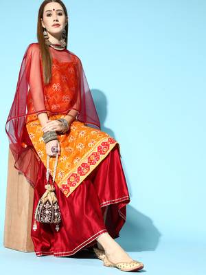 Indo Era Orange Printed Straight Kurta Sharara With Dupatta Set 1