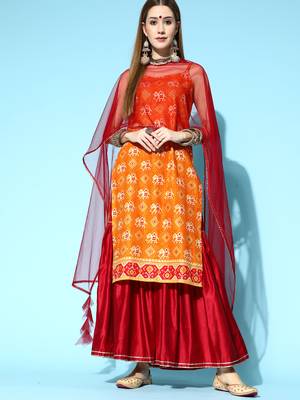 Indo Era Orange Printed Straight Kurta Sharara With Dupatta Set 4
