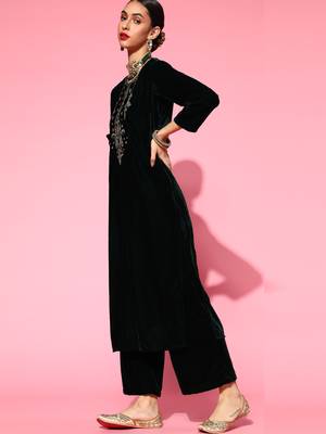 Indo Era Green Velvet Embroidered Straight Kurta Palazzo With Dupatta Set 3