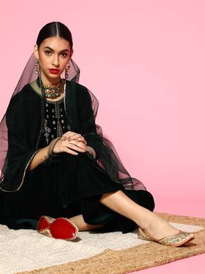 Indo Era Green Velvet Embroidered Straight Kurta Palazzo With Dupatta Set 5