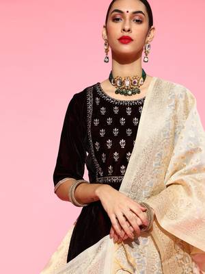Indo Era Maroon Embroidered Straight Kurta Palazzo With Dupatta Set 1