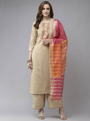 Indo Era Beige Embroidered Straight Kurta Palazzo With Dupatta Set 1