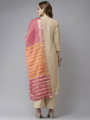 Indo Era Beige Embroidered Straight Kurta Palazzo With Dupatta Set 2