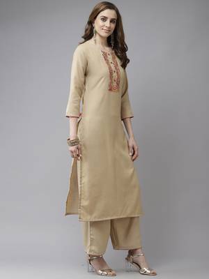 Indo Era Beige Embroidered Straight Kurta Palazzo With Dupatta Set 3
