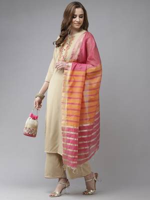 Indo Era Beige Embroidered Straight Kurta Palazzo With Dupatta Set 4