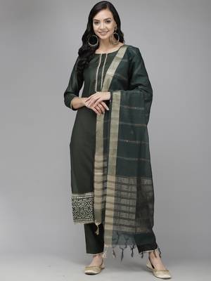 Indo Era Green Solid Straight Kurta Trouser With Dupatta Set 1