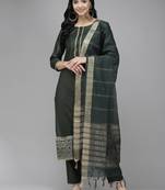 Indo Era Green Solid Straight Kurta Trouser With Dupatta Set