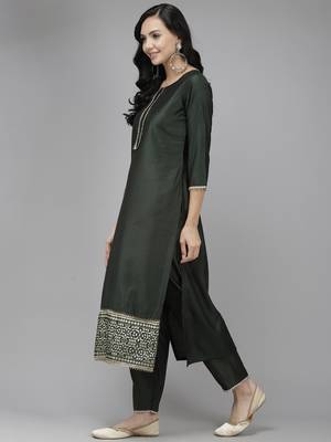Indo Era Green Solid Straight Kurta Trouser With Dupatta Set 3