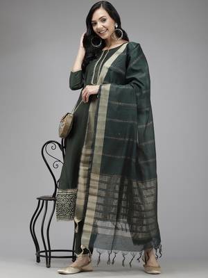 Indo Era Green Solid Straight Kurta Trouser With Dupatta Set 4