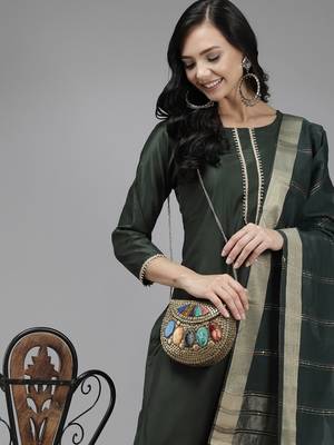 Indo Era Green Solid Straight Kurta Trouser With Dupatta Set 5